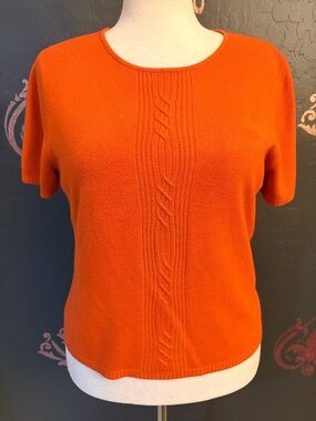 Orange Short-Sleeve Cable-Trim Knit Top